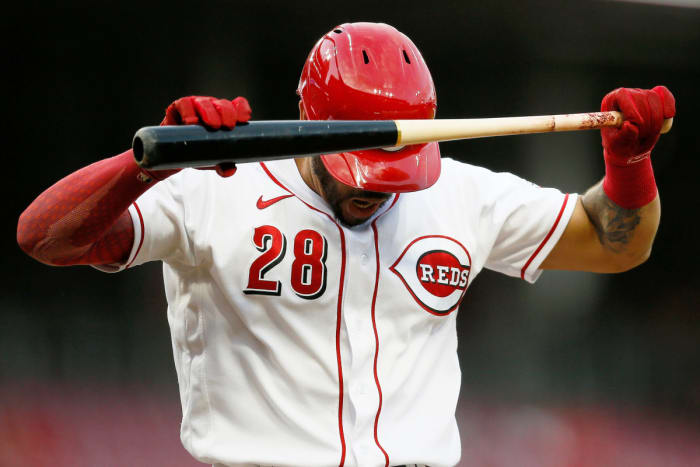 Cincinnati Reds left fielder Tommy Pham (28) reacts after striking out to end the third inning of the MLB National League game between the Cincinnati Reds and the Milwaukee Brewers at Great American Ball Park in downtown Cincinnati on Tuesday, May 10, 2022. The Reds led 1-0 after three innings.